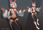  1girl abs adoptable android animal_ears audio_jack bare_shoulders black_shorts black_thighhighs boots bracelet commentary covered_collarbone crop_top detached_sleeves drop_shadow english_commentary flessia full_body grey_background grin hair_intakes honeycomb_(pattern) honeycomb_background jewelry midriff navel necktie original rabbit_ears rabbit_girl rabbit_tail red_necktie ringed_eyes shirt short_hair short_shorts shorts smile solo tail teeth thighhighs toned toned_female white_boots white_hair white_shirt wide_sleeves zettai_ryouiki zoom_layer 