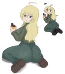  1girl :t ahoge ass ass_focus back blonde_hair blue_eyes breasts candy chocolate chocolate_bar coat commentary english_commentary field_ration fkeje9442 food from_behind green_coat green_pants highres holding huge_ass kneeling large_breasts long_hair looking_at_viewer looking_back pants shoujo_shuumatsu_ryokou solo yuuri_(shoujo_shuumatsu_ryokou) 
