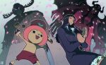  1boy 1girl absurdres antlers black_dress black_hair blue_nose dark-skinned_female dark_skin demonio_fleur devil_fruit_power dress extra_arms hat highres horns long_nose mazaochizao nico_robin one_piece pink_hat pink_sarong reindeer reindeer_antlers reindeer_boy sarong tony_tony_chopper 