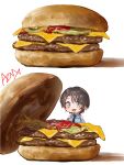  1girl :d asymmetrical_sidelocks azuma_(azmdraw) black_necktie blue_eyes blue_shirt blush brown_hair burger cheese chibi chibi_only clothing_cutout collared_shirt commentary_request food highres hololive ketchup looking_at_viewer mini_person necktie no_nose official_alternate_costume oozora_subaru oozora_subaru_(police) open_clothes parted_hair shadow shirt short_hair short_sleeves shoulder_cutout sidelocks signature simple_background smile solo virtual_youtuber white_background 