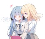  2girls absurdres bang_dream! bang_dream!_it's_mygo!!!!! blonde_hair blue_hair chain's commentary english_commentary english_text hair_ribbon highres hug hug_from_behind long_hair medium_hair meme misumi_uika multiple_girls neck_ribbon open_mouth purple_eyes ribbon rule_34_(meme) shirt sidelocks simple_background togawa_sakiko white_background white_shirt yellow_eyes yuri 