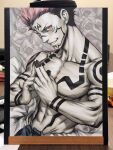  1boy 2024 arm_tattoo chest_tattoo commentary english_commentary evil_smile facial_tattoo highres jujutsu_kaisen male_focus marker_(medium) multicolored_hair muscular muscular_male photo_(medium) pink_hair red_eyes ryoumen_sukuna_(jujutsu_kaisen) shoulder_tattoo signature smile solo stanley_lau tattoo traditional_media two-tone_hair upper_body wrist_tattoo 