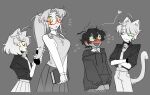  2boys 2girls animal_ears bell black_hair black_hoodie black_shirt blonde_hair blue_eyes blush breasts cat_boy cat_ears cat_girl cat_tail collared_shirt cross cross_necklace degrees_of_lewdity flying_sweatdrops green_eyes hair_between_eyes hair_ornament heterochromia highres hood hoodie jewelry kylar_(degrees_of_lewdity) kylar_(male)_(degrees_of_lewdity) long_hair multiple_boys multiple_girls neck_bell necklace necktie open_mouth pants pelma player_character_(degrees_of_lewdity) player_character_(female)_(degrees_of_lewdity) player_character_(male)_(degrees_of_lewdity) ponytail shirt short_hair simple_background skirt smile sydney_(degrees_of_lewdity) sydney_(female)_(degrees_of_lewdity) tail upper_body yaoi yellow_eyes yuri 