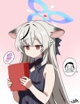  1girl ? absurdres animal_ears armpit_crease black_dress black_streaks blue_archive blue_halo box china_dress chinese_clothes closed_mouth commentary crying_emoji dildo disappointed doodle_sensei_(blue_archive) dress emoji gift gift_box gradient_background grey_hair halo haniwa_(statue) highres holding holding_box holding_gift kokona_(blue_archive) long_hair looking_at_object meme multicolored_hair nazara774 no_pupils pink_background raised_inner_eyebrows sensei_(blue_archive) sex_toy single_hair_streak sleeveless sleeveless_dress solo spoken_character spoken_object streaked_hair striped_clothes striped_dress tiger_ears tiger_girl uohhhhhhhhh!_(meme) upper_body vertical-striped_clothes vertical-striped_dress 