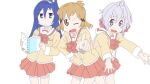  3girls ahoge blue_eyes blue_hair book bow brown_hair hair_ornament kazanari_tsubasa long_hair looking_at_viewer multiple_girls nichijou one_eye_closed one_side_up open_mouth parody pleated_skirt pointing purple_eyes purple_hair red_skirt school_uniform senki_zesshou_symphogear short_hair simple_background skirt smile style_parody tachibana_hibiki_(symphogear) white_background yuca4_girl yukine_chris 