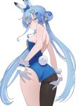  1girl absurdres animal_ears arahashi_tabi ass bare_shoulders blue_eyes blue_hair blue_leotard blush closed_mouth commentary cowboy_shot double_bun fake_animal_ears fake_tail flower_hairpin from_behind gloves hair_bun hair_ornament hairclip half-closed_eyes hands_on_own_ass heart heart_hair_ornament highres leaning_forward leotard long_hair looking_at_viewer looking_back nbee_ya playboy_bunny rabbit_ears rabbit_tail simple_background sleeveless solo standing stellive tail thigh_gap thighs turning_head twintails untranslatable_commentary very_long_hair virtual_youtuber white_background white_gloves 