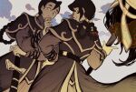  2boys arm_wrap banner batu_(tenmaku_no_jaadugar) belt braid braided_hair_rings cloud commentary_request cousins hair_rings hand_rest highres holding holding_banner keisodo long_sleeves looking_back missing_headwear mongke_(tenmaku_no_jaadugar) multiple_boys planted planted_sword profile sheath sheathed sword tenmaku_no_jaadugar weapon 