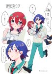  1boy 1girl ? alternate_hair_length_(longer) alternate_universe amate_yuzuriha amate_yuzuriha_(cosplay) aqua_eyes aqua_pants aqua_shirt artist_name blue_hair blush breasts carrying closed_eyes closed_mouth collared_shirt commentary_request cosplay costume_switch gundam gundam_gquuuuuux highres holding long_sleeves multicolored_hair necktie open_mouth outdoors pants princess_carry purple_hair red_eyes red_hair running school_uniform shirt short_hair shuji_ito shuji_ito_(cosplay) speech_bubble sweatdrop sweater thought_bubble totsutoko_tooi translation_request twitter_username white_shirt 