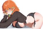  1girl alternate_costume ass bent_over black_bra black_panties black_sweater bra breast_rest breasts closed_mouth commentary green_hair hololive hololive_english large_breasts long_sleeves looking_at_viewer multicolored_hair orange_hair panties purple_eyes side-tie_panties simple_background solo sweater takanashi_kiara two-tone_hair underwear virtual_youtuber white_background zinkaa 