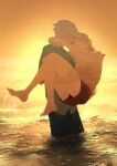  2boys alhaitham_(genshin_impact) arms_around_neck barefoot black_pants black_shorts blonde_hair blue_shirt carrying carrying_person closed_eyes collared_shirt commentary english_commentary genshin_impact hair_behind_ear highres kaveh_(genshin_impact) kikingback male_focus medium_hair multiple_boys ocean open_mouth outdoors pants princess_carry shirt short_sleeves shorts smile sunset teeth upper_teeth_only v-neck water wet wet_clothes wet_shirt white_hair white_shirt wing_collar yaoi 