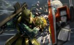  armor assault_visor battle bazooka_(gundam) commentary_request earth_federation glowing glowing_eyes gm_(mobile_suit) green_visor gun gundam gunlin highres holding holding_gun holding_shield holding_weapon mecha mecha_focus mobile_suit mobile_suit_gundam no_humans one-eyed one-eyed_mecha pink_eyes radio_antenna robot science_fiction shield shoulder_armor sparks tackle weapon zaku_i zeon 