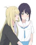  2girls ahoge black_hair blonde_hair blush cho_kaguya-hime! closed_eyes green_eyes highres kaguya_(cho_kaguya-hime!) long_hair mole mole_under_eye multiple_girls potu_sabu sakayori_iroha smile white_background yuri 