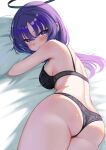  1girl absurdres ass bed_sheet black_bra black_panties blue_archive blush bra breasts commentary halo highres long_hair looking_at_viewer looking_back lying median_furrow medium_breasts on_stomach panda_90321 panties pillow purple_eyes red_pupils shoulder_blades sideboob smile solo underwear underwear_only yuuka_(blue_archive) 