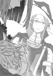  1girl 2boys aged_down baby cape carrying carrying_baby carrying_person closed_mouth commentary_request dual_persona fire_emblem fire_emblem_awakening glasses greyscale hat high_collar highres large_hat laurent_(fire_emblem) looking_at_another miriel_(fire_emblem) monochrome mother_and_child mother_and_son multiple_boys parent_and_child profile short_hair smile solo_focus time_paradox tsujii_luki witch_hat 