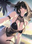  1girl absurdres alternate_costume armlet black_eyes black_hair black_one-piece_swimsuit black_veil blurry blurry_background breasts commentary english_commentary helentine_(pgr) highres jewelry large_breasts leaning_forward looking_at_viewer medium_hair nvl ocean one-piece_swimsuit outdoors parted_lips punishing:_gray_raven solo swimsuit thigh_gap thigh_strap veil 