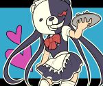  1girl apron black_dress black_hair blue_background bow character_mask commentary_request danganronpa/zero danganronpa_(series) dress holding holding_tray long_hair maid mask monokuma monokuma_maid outline pinafore_dress red_bow shirt short_sleeves simple_background sleeveless sleeveless_dress solo syam1020_831 thighhighs tray very_long_hair white_apron white_outline white_shirt white_thighhighs 