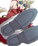  1boy :d animal_ears attacking_viewer blonde_hair boots bow bowtie char_aznable commentary cosplay crossdressing crossdressing_(mtf) dress dropkick flying_kick gold_ship_(red_strife)_(umamusume) gold_ship_(umamusume) gold_ship_(umamusume)_(cosplay) gundam horse_boy horse_ears horse_tail kicking kicking_viewer male_focus mivic_zel mobile_suit_gundam motion_blur open_mouth red_bow red_dress shoe_soles short_hair simple_background sleeveless sleeveless_dress smile solo sunglasses tail umamusume untranslatable_commentary white_background white_boots 