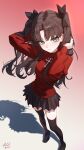  1girl absurdres arms_up artist_name black_shoes black_skirt black_thighhighs bow brown_hair fate/stay_night fate_(series) green_eyes hair_bow highres long_hair looking_at_viewer red_sweater shadow shoes skirt sweater thighhighs tohsaka_rin two_side_up xi_cccii zettai_ryouiki 