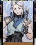  1girl 2023 abstract_background art_tools_in_frame black_gloves blue_eyes blue_jacket commentary english_commentary fingerless_gloves floating floating_object floating_weapon gloves highres hood jacket jett_(valorant) kunai marker_(medium) medium_hair photo_(medium) raised_eyebrow signature sleeveless sleeveless_jacket solo stanley_lau traditional_media upper_body valorant weapon white_hair 