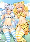  2022 2girls :d animal_costume animal_ears animal_hands animal_hood animal_print bandeau bare_shoulders blue_eyes blue_hair blush breasts brown_hair cat_ears cedar_(cedar_japonica) chinese_zodiac commentary cosplay criss-cross_halter embarrassed fake_animal_ears fake_tail fang fur_trim gloves gochuumon_wa_usagi_desu_ka? hair_ornament halterneck hands_up hood hoto_cocoa kafuu_chino long_hair looking_at_viewer low_twintails midriff multiple_girls navel open_mouth paw_gloves paw_pose paw_shoes purple_eyes short_hair short_shorts shorts small_breasts smile stomach striped_clothes striped_thighhighs tail thighhighs tiger_costume tiger_ears tiger_print tiger_tail twintails twitter_username variant_set white_shorts x_hair_ornament year_of_the_tiger 