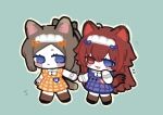  2girls :3 ???_(assault_lily) animal_ears aqua_background arm_at_side assault_lily black_shoes blue_dress blue_eyes blue_ribbon blush bow-shaped_hair brown_hair brown_outline brown_thighhighs cat_ears cat_girl cat_tail checkered_clothes checkered_dress chibi chibi_only chinese_commentary closed_mouth collared_shirt commentary_request dress enmaided full_body gatti_love hair_ribbon hand_up hands_up heart heterochromia holding_hands ichinomiya_michaela_himari kemonomimi_mode long_hair long_sleeves maid maid_headdress multiple_girls name_tag no_pupils orange_dress orange_ribbon outline parted_bangs parted_lips pinafore_dress ponytail red_eyes red_hair ribbon shirt shoes simple_background sleeveless sleeveless_dress smile standing tail thighhighs very_long_hair white_shirt zettai_ryouiki 