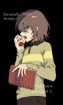  1other antenna_hair apple bitten_apple black_background black_collar black_pants brown_hair collar collared_sweater commentary cowboy_shot deltarune english_commentary english_text fingernails food food_bite from_side fruit green_sweater hand_up highres holding holding_food holding_fruit holding_notebook imminent_bite kris_(deltarune) long_fingernails long_sleeves looking_at_viewer medium_hair notebook open_mouth pants red_eyes shaded_face sleeves_past_wrists solo striped_clothes striped_sweater sweater teeth touchme_midas upper_teeth_only utdr_(toby_fox) yellow_sweater 