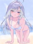  1girl ahoge all_fours arm_support bare_arms bare_legs bare_shoulders barefoot beach bikini blue_eyes blue_sky blush breasts circle_hair_ornament cleavage closed_mouth cloud collarbone commentary_request day full_body grey_eyes grey_hair hair_between_eyes hair_intakes hair_ornament hairclip halterneck heterochromia hex-a-hydra highres kneeling leaning_forward long_hair looking_at_viewer medium_breasts navel ocean outdoors parted_lips sand shibou_yuugi_de_meshi_wo_kuu. sky solo striped_bikini striped_clothes swimsuit teeth very_long_hair water white_bikini yuuki_(shibou_yuugi) 