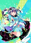  1girl :d ;d arm_up armpits belt blue_hair blush bracelet colorful commentary eyewear_on_head goggles hair_ornament headphones highres jewelry jumping long_hair looking_at_viewer midriff multicolored_eyes navel one_eye_closed open_mouth original purple_eyes sailor_collar sandals skirt smile solo tsutomu_(hghrttm) twintails 