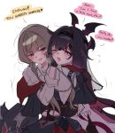  2girls alternate_universe bat_wings bite_mark bite_mark_on_neck black_gloves black_hair black_wings blood blood_on_neck blue_eyes blush brown_hair colored_speech_bubble columbina_(genshin_impact) columbina_(marechaussee_hunter)_(genshin_impact) commentary cowboy_shot english_text fangs genshin_impact gloves gradient_hair hair_flaps halation_pupils head_wings highres hug hug_from_behind multicolored_hair multiple_girls official_alternate_costume one_eye_closed open_mouth purple_eyes purple_hair purple_streaks sandrone_(genshin_impact) sandrone_(marechaussee_hunter)_(genshin_impact) short_hair_with_long_locks simple_background speech_bubble streaked_hair sweatdrop tabletop_troupe_(genshin_impact) two-tone_hair unusually_open_eyes vampire waist_hug white_background wings yuri zevi_(zevi_ii) 