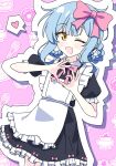  1girl :d ;d absurdres alternate_costume apron blue_hair bow bowtie braid braided_hair_rings commentary_request contrast_collar cowboy_shot dress frilled_apron frilled_dress frills hair_bow hair_rings heart heart_hands highres lee0fld looking_at_viewer mahou_shoujo_no_majo_saiban maid one_eye_closed open_mouth outline pink_background pink_bow pink_bowtie short_hair smile solo spoken_heart tachibana_sherry white_outline yellow_eyes 