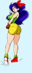  ass blue_hair boots bow breast_squeeze breasts colorfag colorized curly_hair dragon_ball dragon_ball_(classic) from_behind gloves hairband highres large_breasts long_hair loose_socks lunch_(dragon_ball) pea-2 red_gloves shorts socks solo v_arms 