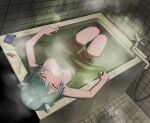  1girl absurdres animal_ears bathroom bathtub blush breasts cat_ears cat_girl cigarette cigarette_butt fallencoffee green_hair highres holding holding_cigarette holding_lighter in_bathtub lighter looking_at_viewer medium_breasts partially_submerged short_hair smile smoking solo water wet yani_neko yani_neko_(yani_neko) yellow_eyes 