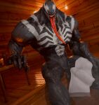 3d_(artwork) alien alien_humanoid balls big_muscles black_body claws digital_media_(artwork) emblem empty_eyes erection genitals hi_res humanoid humanoid_genitalia humanoid_penis long_penis long_tongue male marvel marvel_rivals muscular not_furry nude penis revenantrenders sauna sharp_teeth solo symbiote teeth tongue tongue_out towel venom_(marvel)