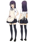  1girl anime_coloring apron back black_ribbon black_shoes black_skirt blue_eyes blunt_bangs blush dot_nose full_body hand_on_own_hip long_hair looking_at_viewer miniskirt multiple_views neck_ribbon official_art open_mouth purple_eyes purple_hair ribbon shoes skirt smile standing tachi-e thighhighs transparent_background tsurime turnaround wagnaria_uniform waitress working!! yamada_aoi yellow_apron zettai_ryouiki 