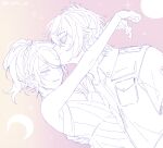  1boy 1girl acc_newc arm_around_another's_back arms_around_neck bare_arms blush braid breasts commentary_request couple crescent_moon dress final_fantasy final_fantasy_xv hair_between_eyes hetero highres jacket kissing_hair korean_commentary lunafreya_nox_fleuret medium_breasts medium_hair moon noctis_lucis_caelum parted_lips pink_background ponytail short_hair sleeveless sleeveless_dress smile sparkle sweat upper_body white_dress 