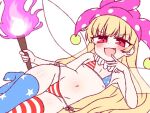  1girl american_flag american_flag_bikini american_flag_legwear american_flag_print bikini blonde_hair blue_thighhighs blush clownpiece commentary_request fang fire flag_print flag_print_bikini flat_chest hat holding holding_torch jester_cap ketsumaimo long_hair looking_at_viewer lying navel neck_ruff on_side open_mouth pink_hat polka_dot_hat print_bikini purple_fire simple_background smile solo star_(symbol) star_print swimsuit thighhighs torch touhou v-shaped_eyebrows very_long_hair white_background 