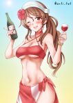  1girl anti_(untea9) bikini blue_background bottle breasts brown_eyes brown_hair choker cleavage commentary_request cup drinking_glass gradient_background headpiece highres kantai_collection large_breasts littorio_(kancolle) littorio_(swimsuit)_(kancolle) navel one-hour_drawing_challenge one_eye_closed red_bikini red_choker red_sarong sarong side_ponytail solo swimsuit twitter_username wine_bottle wine_glass 