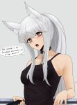  1girl alternate_costume animal_ear_fluff animal_ears arknights bare_shoulders black_camisole black_choker black_nails breasts bright_pupils camisole cellphone chain choker collarbone commentary dokonjou_(odossan) english_commentary fingernails grey_background grey_hair hair_between_eyes highres holding holding_phone long_hair long_sidelocks looking_at_viewer nail_polish open_mouth phone platinum_(arknights) polish_text sidelocks simple_background smartphone solo spaghetti_strap speech_bubble translation_request upper_body white_pupils yellow_eyes 