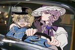  2girls applying_lipstick applying_makeup black_gloves black_hat blonde_hair blue_coat bow bowtie brume_(reverse:1999) car_interior chinese_commentary coat commentary_request cosmetics driving felicienne_(reverse:1999) gloves green_eyes hat hl_(iamawhitehippo) holding holding_lipstick_tube lipstick_tube multiple_girls open_mouth photo_background purple_bow purple_bowtie purple_eyes purple_hair reverse:1999 shirt steering_wheel upper_body white_hat white_shirt 