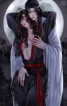  2boys ahoge arms_behind_head artist_name bare_pectorals black_hair black_hanfu bottomyllz branded brown_hair chinese_clothes closed_eyes collarbone commentary couple english_commentary full_moon grandmaster_of_demonic_cultivation hair_ribbon hand_on_another's_chest hand_on_another's_thigh hanfu headband heart heart_ahoge height_difference highres hug hug_from_behind lan_wangji long_hair long_sleeves male_focus moon multiple_boys night nipples open_clothes parted_lips pectorals ponytail realistic red_ribbon red_sash ribbon robe sash scar scar_on_chest sidelocks sky wavy_hair wei_wuxian white_hanfu white_headband wide_sleeves yaoi yellow_eyes 