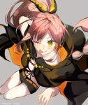  1girl :p ;p artist_name bikini bikini_top_only black_bikini black_cape black_shorts brown_hair cape commentary_request dated extra_pupils front-tie_bikini_top front-tie_top green_eyes grey_background highres long_hair nikopun_(pppss4) one_eye_closed re:zero_kara_hajimeru_isekai_seikatsu shaula_(re:zero) shorts simple_background star_(symbol) swimsuit tongue tongue_out 