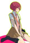  1girl arms_between_legs black_socks blush camera closed_mouth collared_shirt commentary_request danganronpa_(series) danganronpa_2:_goodbye_despair eyelashes green_eyes green_outline green_skirt kneehighs koizumi_mahiru necktie no_shoes outline plaid_clothes plaid_necktie red_hair red_necktie shinshishinc shirt short_hair short_sleeves simple_background sitting skirt socks solo suspenders very_short_hair white_background white_shirt 