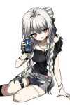 1girl 1poppy bare_shoulders beer_can belt black_belt black_ribbon black_shirt black_socks blush bracelet braid breasts buttons camouflage camouflage_skirt can chain chain_necklace cleavage collarbone commentary_request commission cross drink_can drunk earrings empty_eyes fang feet_out_of_frame film_grain gradient_hair grey_hair grey_skirt hair_bun hair_intakes hair_over_shoulder hair_ribbon hand_on_floor head_tilt highres holding holding_can hoop_earrings invisible_floor jewelry kneehighs korean_commentary long_hair looking_at_viewer medium_breasts midriff_peek miniskirt multicolored_hair multiple_bracelets multiple_earrings multiple_rings necklace off-shoulder_shirt off_shoulder on_floor open_mouth original pencil_skirt pink_eyes puffy_short_sleeves puffy_sleeves ribbon ring shirt shirt_ribbon short_sleeves sidelocks simple_background single_side_bun sitting skirt slit_pupils smile socks solo stitched_leg stitched_neck stitches thigh_belt thigh_strap twin_braids white_background white_ribbon yokozuwari 