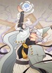  1boy blue_eyes commentary grey_cloak hand_up hat highres magic male_focus noctglaiveart parted_lips pince-nez plume qifrey_(tongari_boushi_no_atelier) robe shirt short_hair solo swept_bangs tassel tongari_boushi_no_atelier white_hair white_robe white_shirt wizard_hat 