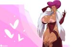  1girl absurdres alternate_breast_size_(larger) alternate_costume alternate_hairstyle blue_eyes breasts earrings elbow_gloves eraanthe feather_boa gloves highres huge_breasts jessie_(pokemon) jewelry lace_thigh_strap nipples ok_sign open_mouth pink_gloves pink_hair pokemon pokemon_(anime) solo sphere_earrings tanlines 
