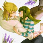  1boy 1girl arm_tattoo blonde_hair carly_nagisa coke-bottle_glasses commentary earrings glasses green_hair highres jack_atlas jewelry nomae.jie shirt smile striped_clothes striped_shirt tattoo white_shirt yu-gi-oh! yu-gi-oh!_5d's 