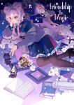  1girl animal_ears arknights black_dress black_pantyhose book bookmark cardigan ch'en_(arknights) character_doll closed_mouth commentary crossed_bangs doll dress english_commentary english_text frilled_dress frills glasses hair_intakes hairband head_rest highres hoshiguma_(arknights) lapels light_smile lin_(arknights) lin_(knowledge_and_magic)_(arknights) long_hair long_sleeves lying off_shoulder official_alternate_costume on_floor open_book pantyhose pink_hair print_dress purple_cardigan purple_eyes purple_hairband puyue red_pupils solo sparkle swire_(arknights) 