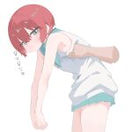  1girl 1other amate_yuzuriha aqua_eyes aqua_skirt armpit_carry blush closed_mouth commentary_request cowboy_shot gundam gundam_gquuuuuux hair_between_eyes highres laceys_es lifting_person looking_at_viewer miniskirt pleated_skirt pout red_hair short_hair simple_background skirt sleeveless sweater thighs translation_request white_sweater 