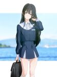  1girl arm_at_side black_hair blue_eyes blue_jacket blue_ribbon blue_sailor_collar blue_skirt blurry blurry_background breasts briefcase commentary_request feet_out_of_frame hand_in_own_hair hand_up head_tilt highres hime_cut holding holding_briefcase jacket kneehighs letterboxed light_smile long_hair long_sidelocks looking_at_viewer medium_breasts miniskirt neck_ribbon original outside_border ribbon rurika_(usurai_rairai) sailor_collar school_briefcase shirt sidelocks skirt sleeve_cuffs socks solo straight_hair usurai_rairai white_shirt white_socks 