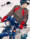  2boys black_jacket brown_eyes brown_hair closed_mouth commentary_request daiya_no_ace goggles goggles_on_head helmet jacket knee_pads looking_to_the_side male_focus miyuki_kazuya motor_vehicle motorcycle motorcycle_helmet multiple_boys on_motorcycle pants riding riding_motorcycle sa_mon sawamura_eijun short_hair simple_background solo white_background white_pants 